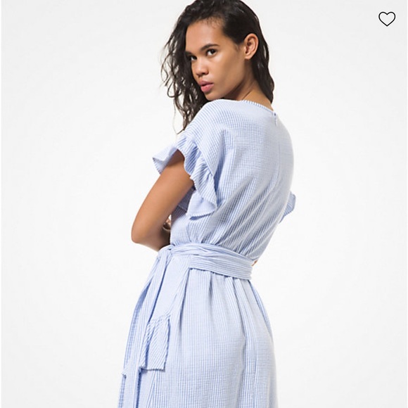 Michael Kors Seersucker Ruffle Wrap Dress NWT‎ Women’s 1X - Picture 2 of 7